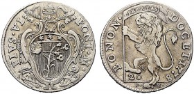 MONETE ITALIANE REGIONALI
BOLOGNA
Pio VI (Giovanni Angelo Braschi), 1775-1799. Lira da 20 Bolognini 1778. Ar gr. 5,21 PIVS VI PONT M Stemma trilobat...