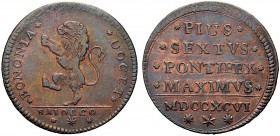 MONETE ITALIANE REGIONALI
BOLOGNA
Pio VI (Giovanni Angelo Braschi), 1775-1799. Baiocco 1796. Æ gr. 10,80 Leone rampante. Rv. Scritta entro corona di...