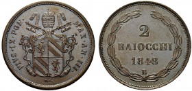 MONETE ITALIANE REGIONALI
BOLOGNA
Pio IX (Giovanni Maria Mastai Ferretti), 1846-1870. 2 Baiocchi 1848 a. III. Æ Scudo papale. Rv. Valore entro coron...