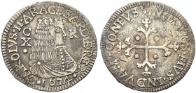 MONETE ITALIANE REGIONALI
CAGLIARI
Carlo II di Spagna, 1665-1700. 10 Reali 1674 I Tipo. Ar gr. 25,01 CAROLVS II HISP ET SARDIE REX Busto coronato a ...