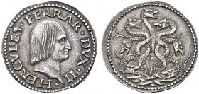 MONETE ITALIANE REGIONALI
FERRARA
Ercole I d’Este Duca II, 1471-1505. Testone. Ar gr. 7,67 HERCVLES FERRAR DVX II Testa a d. Rv. Idra dalle sette te...