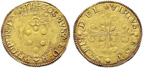 MONETE ITALIANE REGIONALI
FIRENZE
Cosimo I de' Medici, 1537-1574. Scudo d'oro. Au gr. 3,31 COSMVS MED R P FLOREN DVX II Stemma ovale ornato di volut...