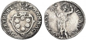 MONETE ITALIANE REGIONALI
FIRENZE
Francesco I de’Medici, 1574-1587. Mezzo Giulio. Ar gr. 1,43 Stemma ovale. Rv. Figura giovanile del Santo, con mant...
