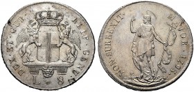 MONETE ITALIANE REGIONALI
GENOVA
Dogi Biennali, III Fase, 1637-1797. 8 Lire 1795. Ar gr. 33,10 DUX ET GUB REIP GENU Stemma della Repubblica coronato...