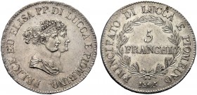MONETE ITALIANE REGIONALI
LUCCA E PIOMBINO
Felice e Elisa Baciocchi, 1805-1814. 5 Franchi 1805, busti piccoli e snelli. Ar Busti piccoli e snelli ac...