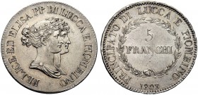 MONETE ITALIANE REGIONALI
LUCCA E PIOMBINO
Felice e Elisa Baciocchi, 1805-1814. 5 Franchi 1808, busti medi. Ar Busti medi accollati a d. Rv. Scritta...