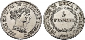 MONETE ITALIANE REGIONALI
LUCCA E PIOMBINO
Felice e Elisa Baciocchi, 1805-1814. 5 Franchi 1808, busti grandi. Ar Busti grandi accollati a d. Rv. Scr...