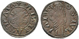 MONETE ITALIANE REGIONALI
MACERATA
Anonime pontificie, sec. XV. Quattrino. Mi gr. 0,58 DE MACERATA Chiavi decussate. Rv. S IVL IANVS San Giuliano in...