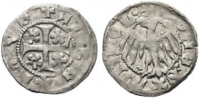 MONETE ITALIANE REGIONALI
MERANO
Monete dei Conti di Tirolo-Gorizia. Duca Alberto III, 1386-1395. Quattrino. Mi gr. 0,67 ALBE RTVS Croce accantonata...