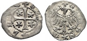 MONETE ITALIANE REGIONALI
MERANO
Monete dei Conti di Tirolo-Gorizia. Leopoldo IV, 1396-1406. Quattrino. Mi gr. 0,53 LVPO LDVS Croce accantonata da r...