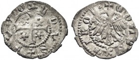 MONETE ITALIANE REGIONALI
MERANO
Monete dei Conti di Tirolo-Gorizia. Leopoldo IV, 1396-1406. Quattrino. Mi gr. 0,36 Simile a precedente. Tipo Rizzol...