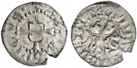 MONETE ITALIANE REGIONALI
MERANO
Monete dei Conti di Tirolo-Gorizia. Federico IV Tascavuota, 1406-1439. Quattrino. Mi gr. 0,35 DX FRIDRICVS Scudo fa...