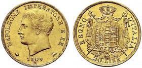MONETE ITALIANE REGIONALI
MILANO
Napoleone I Re d’Italia, 1805-1814. 20 Lire 1809, II Tipo. Au Testa nuda a s. Rv. Stemma coronato su padiglione. Pa...