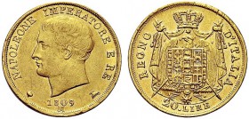 MONETE ITALIANE REGIONALI
MILANO
Napoleone I Re d’Italia, 1805-1814. 20 Lire 1809, II Tipo. Au Come precedente. Pag. 19a; Gig. 85a. Raro. Buon BB St...