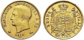 MONETE ITALIANE REGIONALI
MILANO
Napoleone I Re d’Italia, 1805-1814. 20 Lire 1811, II Tipo. Au Come precedente. Rv. Stemma coronato su padiglione so...