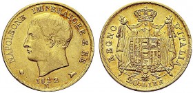 MONETE ITALIANE REGIONALI
MILANO
Napoleone I Re d’Italia, 1805-1814. 20 Lire 1812, II Tipo, puntali sagomati. Au Come precedente. Pag. 22a; Gig. 91....