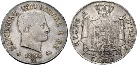 MONETE ITALIANE REGIONALI
MILANO
Napoleone I Re d’Italia, 1805-1814. 5 Lire 1808, I Tipo. Ar Testa nuda a d. Rv. Stemma coronato su padiglione sorre...