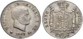 MONETE ITALIANE REGIONALI
MILANO
Napoleone I Re d’Italia, 1805-1814. 5 Lire 1808, I Tipo. Ar Come precedente. Pag. 26; Gig. 97. Bel BB