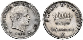 MONETE ITALIANE REGIONALI
MILANO
Napoleone I Re d’Italia, 1805-1814. 15 Soldi 1808 Bordo in incuso. Ar Testa nuda a d. Rv. Corona ferrea radiata. Pa...