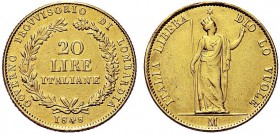 MONETE ITALIANE REGIONALI
MILANO
Governo Provvisorio di Lombardia, 1848. 20 Lire 1848. Au Nel campo valore entro corona di rami di alloro e di querc...