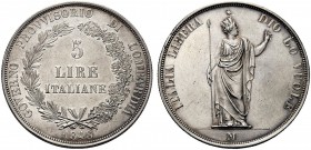 MONETE ITALIANE REGIONALI
MILANO
Governo Provvisorio di Lombardia, 1848. 5 Lire 1848 rami lunghi, base spessa e stella vicina. Ar GOVERNO PROVVISORI...