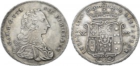 MONETE ITALIANE REGIONALI
NAPOLI
Carlo di Borbone, 1734-1759. Piastra da 120 Grana 1750 sigle DeG sulla spalla. Ar gr. 25,12 Busto a d. Rv. Stemma c...