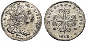 MONETE ITALIANE REGIONALI
NAPOLI
Carlo di Borbone, 1734-1759. Carlino da 10 grani 1755. Ar gr. 2,04 Semibusto a d. Rv. Croce cantonata da raggi. Pan...