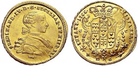 MONETE ITALIANE REGIONALI
NAPOLI
Ferdinando IV di Borbone, 1759-1798. 6 Ducati 1766. Au gr. 8,76 Simile a precedente. Pannuti-Riccio 9a; Gig. 9a; Fr...