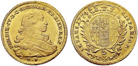 MONETE ITALIANE REGIONALI
NAPOLI
Ferdinando IV di Borbone, 1759-1798. 6 Ducati 1774. Au gr. 8,78 Simile a precedente. Pannuti-Riccio 22; Gig. 22. BB...
