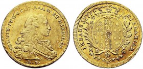 MONETE ITALIANE REGIONALI
NAPOLI
Ferdinando IV di Borbone, 1759-1798. 6 Ducati 1777. Au gr. 8,81 Simile a precedente. Pannuti-Riccio 25; Gig. 25. SP...