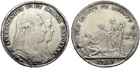 MONETE ITALIANE REGIONALI
NAPOLI
Ferdinando IV di Borbone, 1759-1798. Piastra da 120 Grana 1791, Pro Favsto. Ar gr. 27,01 FERDINANDVS IV ET MARIA CA...