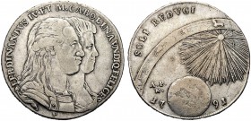 MONETE ITALIANE REGIONALI
NAPOLI
Ferdinando IV di Borbone, 1759-1798. Piastra da 120 Grana 1791, Soli Reduci. Ar gr. 26,95 FERDINANDUS IV ET M.CAROL...