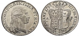 MONETE ITALIANE REGIONALI
NAPOLI
Ferdinando IV di Borbone, 1759-1798. Piastra da 120 grana 1795. Ar gr. 27,42 FERDINAN IV D G SICILIAR ET HIE REX Te...