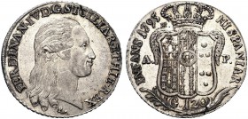 MONETE ITALIANE REGIONALI
NAPOLI
Ferdinando IV di Borbone, 1759-1798. Piastra da 120 grana 1795. Ar gr. 27,48 Come precedente. Pannuti-Riccio 61; Gi...