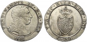 MONETE ITALIANE REGIONALI
NAPOLI
Ferdinando IV di Borbone, 1759-1798. Piastra da 120 Grana 1805, stemma piccolo. Ar gr. 27,40 Busto a d. Stemma coro...