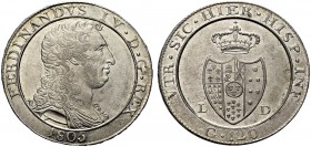 MONETE ITALIANE REGIONALI
NAPOLI
Ferdinando IV di Borbone, 1759-1798. Piastra da 120 Grana 1805, stemma medio. Ar gr. 27,48 Simile a precedente. Pan...
