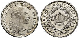 MONETE ITALIANE REGIONALI
NAPOLI
Ferdinando IV di Borbone, 1759-1798. Tarì da 20 Grana 1796. Ar gr. 4,58 Busto a d. Rv. Corona reale. Pannuti-Riccio...