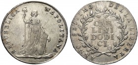 MONETE ITALIANE REGIONALI
NAPOLI
Repubblica Napoletana, 1799. Piastra da 12 Carlini (1799) a. VII. Ar gr. 27,39 REPUBBLICA NAPOLITANA La Liberta in ...