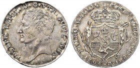 MONETE ITALIANE REGIONALI
NAPOLI
Giuseppe Napoleone, 1806-1808. Piastra da 120 Grana 1808. Ar Come precedente. Pannuti-Riccio 3; Gig.3. Rara. Bel BB