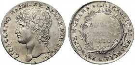 MONETE ITALIANE REGIONALI
NAPOLI
Gioacchino Napoleone Murat, 1808-1815. Piastra da 12 Carlini 1810. Ar Testa a s. Rv. Valore e data entro corona di ...