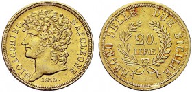 MONETE ITALIANE REGIONALI
NAPOLI
Gioacchino Napoleone Murat, 1808-1815. 20 Lire 1813 rami lunghi. Au Simile a precedente. Pag. 56var; Pannuti-Riccio...