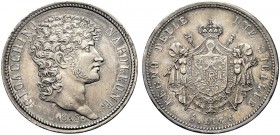 MONETE ITALIANE REGIONALI
NAPOLI
Gioacchino Napoleone Murat, 1808-1815. 5 Lire 1813. Ar Testa nuda a d. Stemma coronato su padiglione; in basso 5 LI...