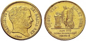 MONETE ITALIANE REGIONALI
NAPOLI
Francesco I di Borbone, 1825-1830. 6 ducati 1826. Au Testa a d. Rv. Genio borbonico alato stante di fronte, con la ...