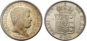 MONETE ITALIANE REGIONALI
NAPOLI
Ferdinando II di Borbone, 1830-1859. Piastra da 120 Grana 1832, Reimpressa. Ar Testa nuda, grande ed imberbe, a d. ...