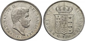 MONETE ITALIANE REGIONALI
NAPOLI
Ferdinando II di Borbone, 1830-1859. Piastra da 120 Grana 1841. Ar Testa nuda, piccola e barbuta, a d. Rv. Stemma c...
