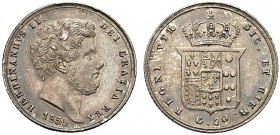MONETE ITALIANE REGIONALI
NAPOLI
Ferdinando II di Borbone, 1830-1859. Tarì da 20 Grana 1855. Ar Testa barbuta del re volto a d. Stemma coronato. Pan...