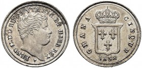 MONETE ITALIANE REGIONALI
NAPOLI
Ferdinando II di Borbone, 1830-1859. Mezzo Carlino da 5 grana 1838. Ar Tipo solito. Pannuti Riccio 172; Gig. 174. q...