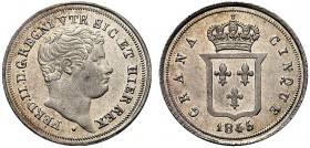 MONETE ITALIANE REGIONALI
NAPOLI
Ferdinando II di Borbone, 1830-1859. Mezzo carlino d 5 grana 1845, cifre 45 su 38. Ar Tipo solito. Pannuti-Riccio 1...