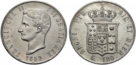MONETE ITALIANE REGIONALI
NAPOLI
Francesco II di Borbone, 1859-1860. Piastra da 120 Grana 1859. Ar Testa nuda a s. Rv. Stemma coronato. Pannuti-Ricc...
