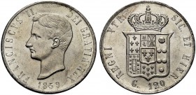 MONETE ITALIANE REGIONALI
NAPOLI
Francesco II di Borbone, 1859-1860. Piastra da 120 Grana 1859. Ar Testa nuda a s. Rv. Stemma coronato. P.R. 1; Gig....